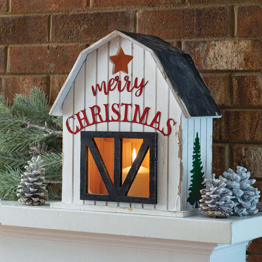 Merry Christmas Farmhouse Wooden Barn Lantern