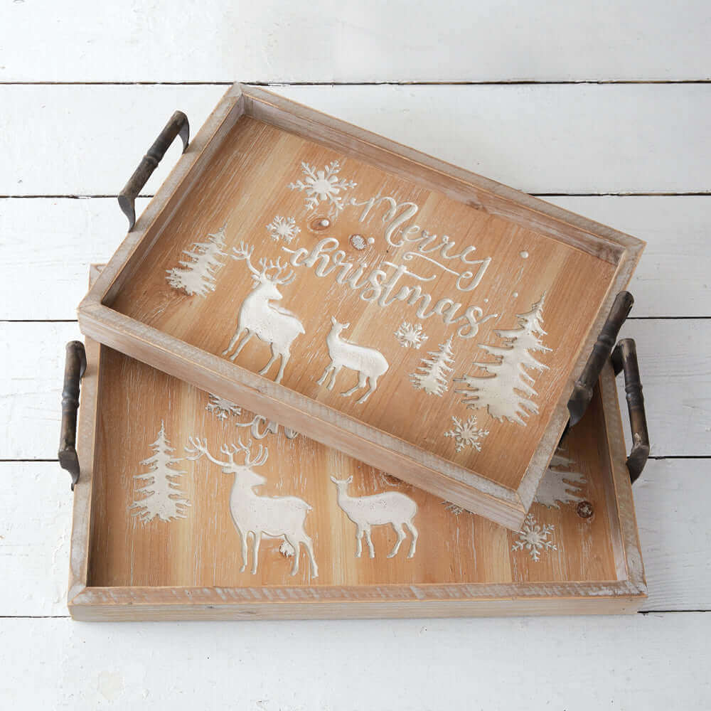 Merry Christmas Wonderland Serving Trays in Wood (Set of 2)