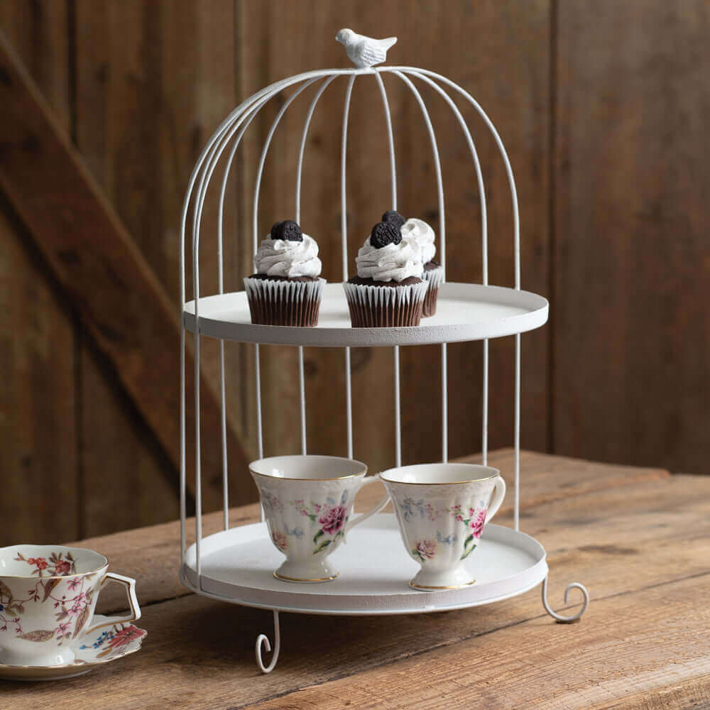 Metal Birdcage Dessert Tray with Two Tiers in White