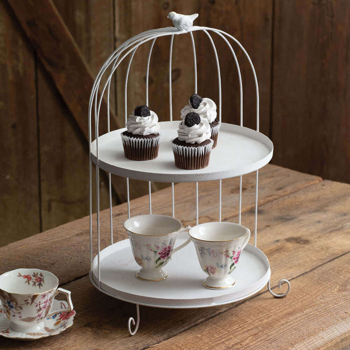 Metal Birdcage Dessert Tray with Two Tiers in White