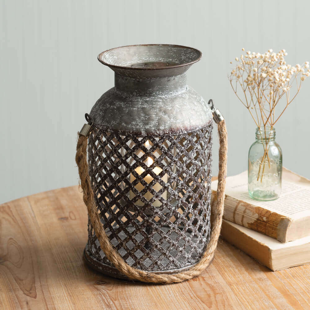 Metal Lattice Nautical Candle Lantern with Rope Handle