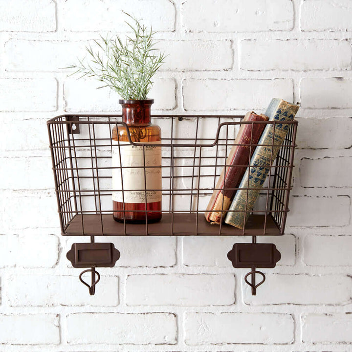 Metal Mail Basket Organizer with Hooks Wall Décor