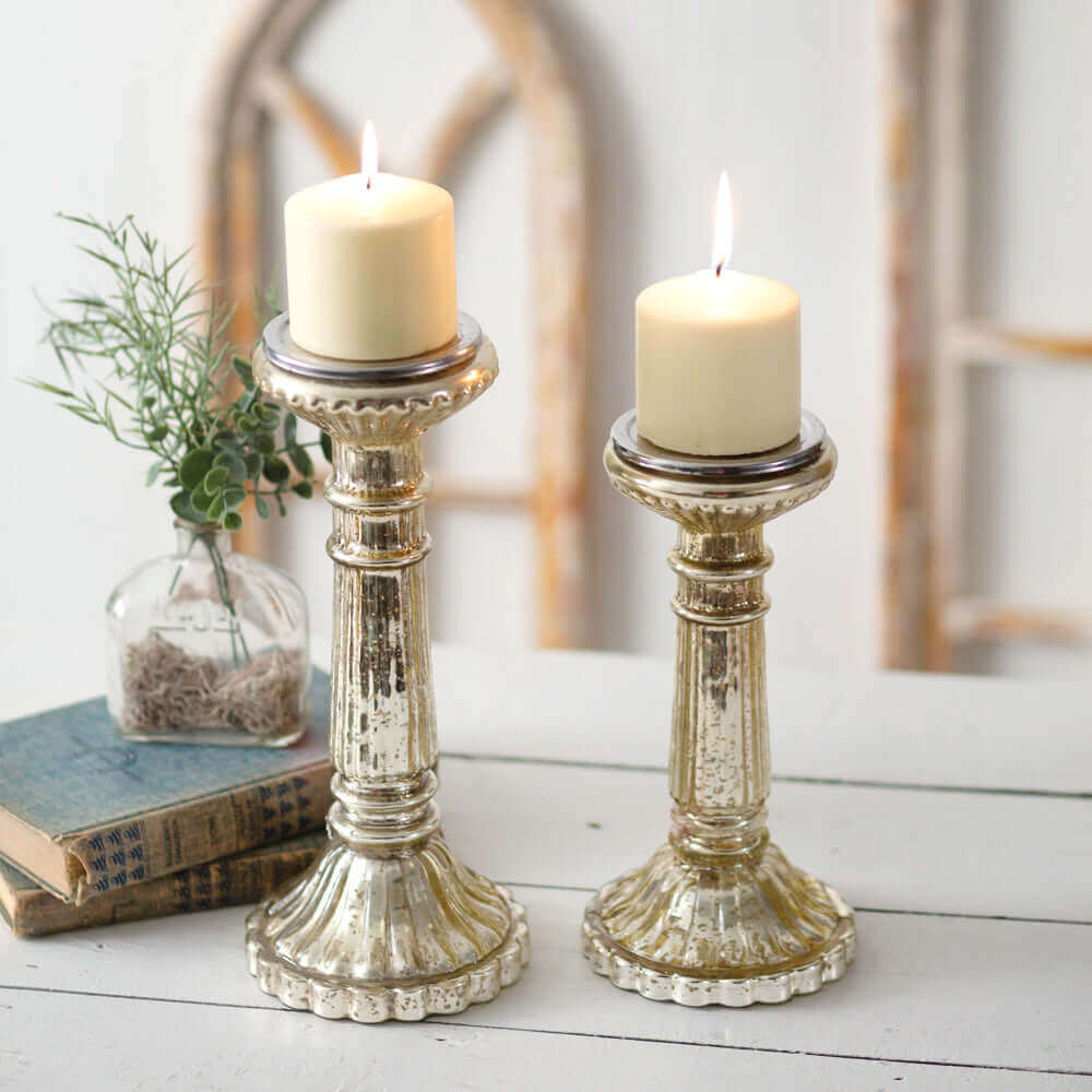 Metallic Gold Mercury Glass Pillar Candle Holders (Set of 2)