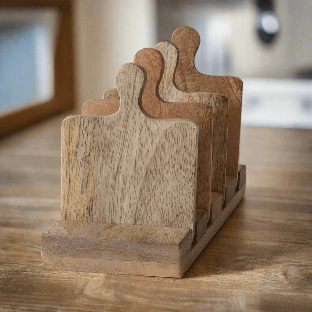 Mini Wooden Cutting Board Coasters with Caddy