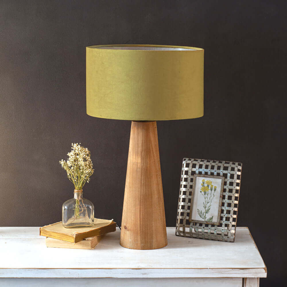 Minimalist Wood Table Lamp with Velvet Drum Shade