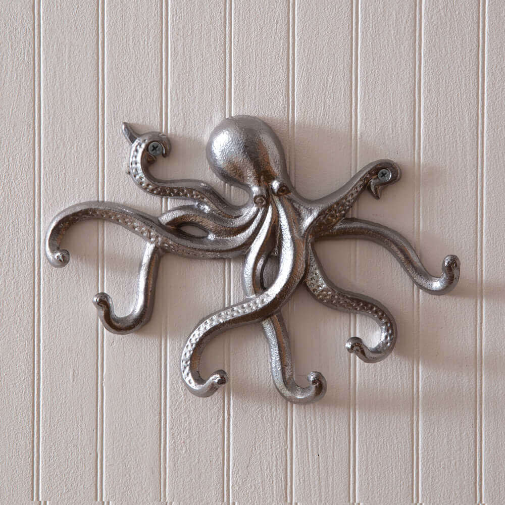 Nautical Silver Octopus Wall Hooks (Set of 2)