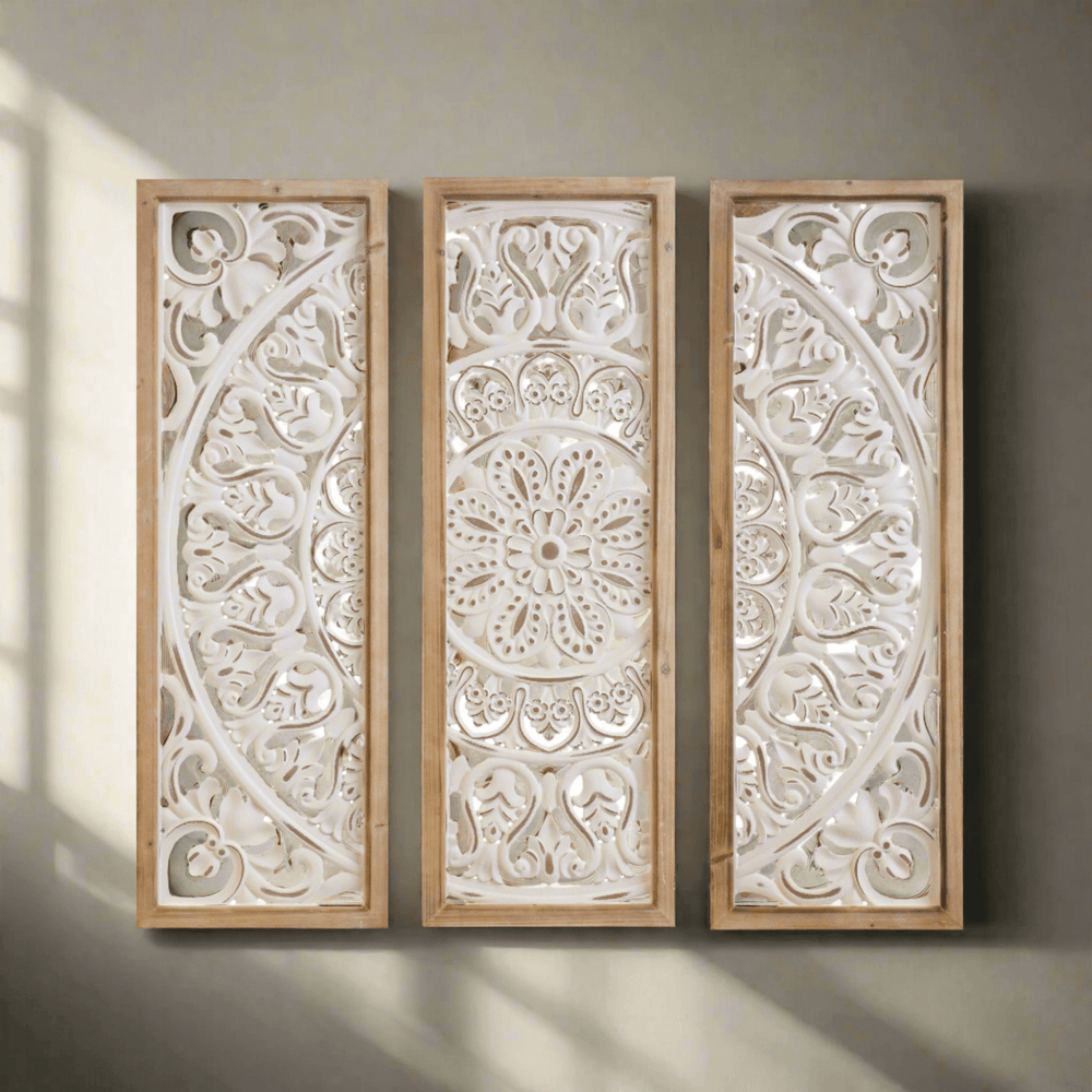 Ornate Wall Art Triptych in Metal and Wood (Set of 3)