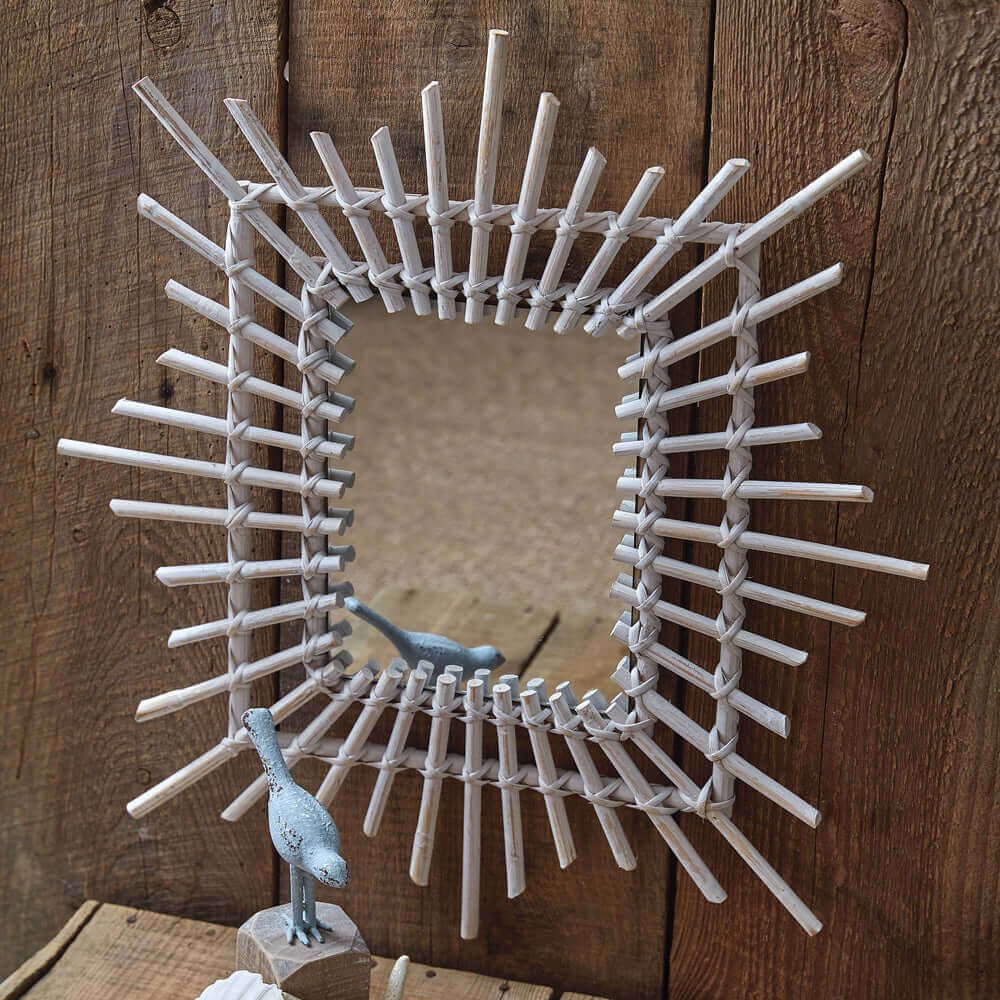 Rectangle Rattan Sunburst Wall Mirror in White