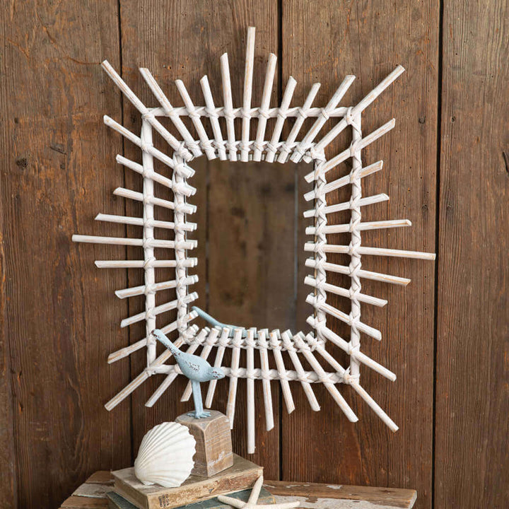 Rectangle Rattan Sunburst Wall Mirror in White