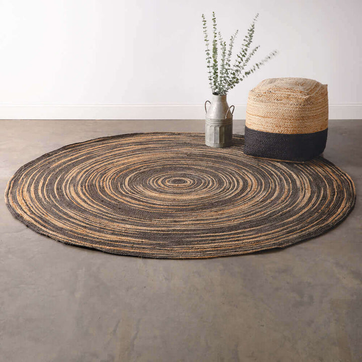 Round Boho Handwoven Jute Area Rug with Black Swirl