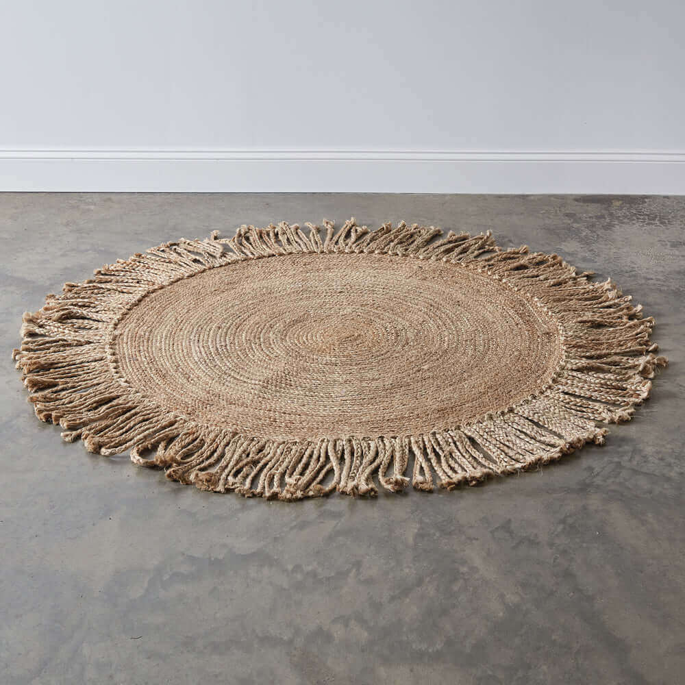 Round Handwoven Jute Rug with Braided Tassels