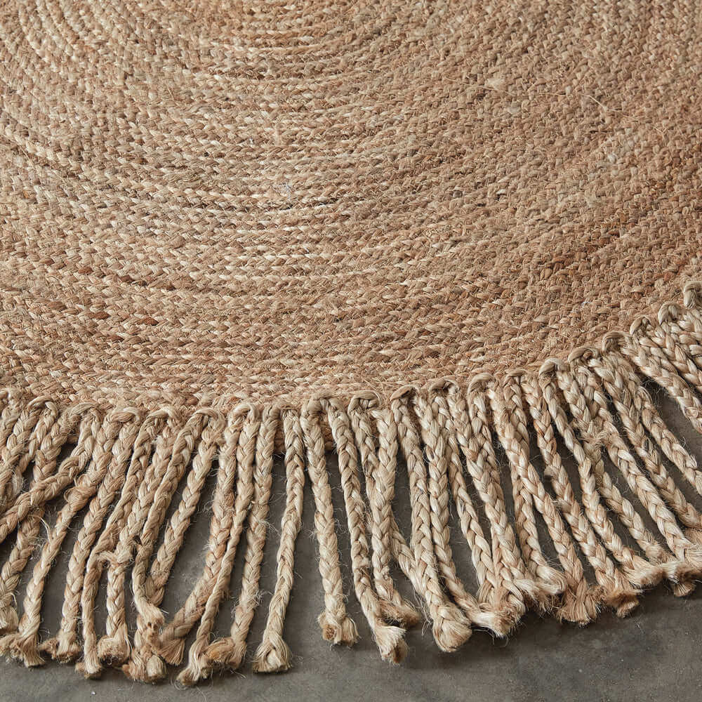 Round Handwoven Jute Rug with Braided Tassels