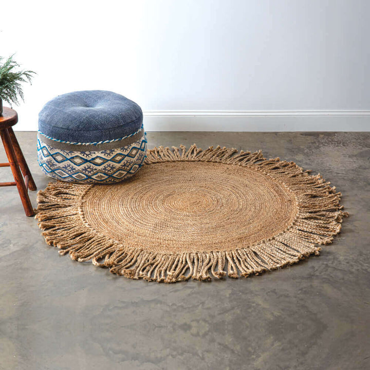 Round Handwoven Jute Rug with Braided Tassels