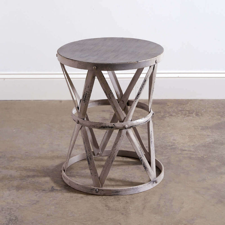 Round Metal Drum Accent Table in Distressed Gray