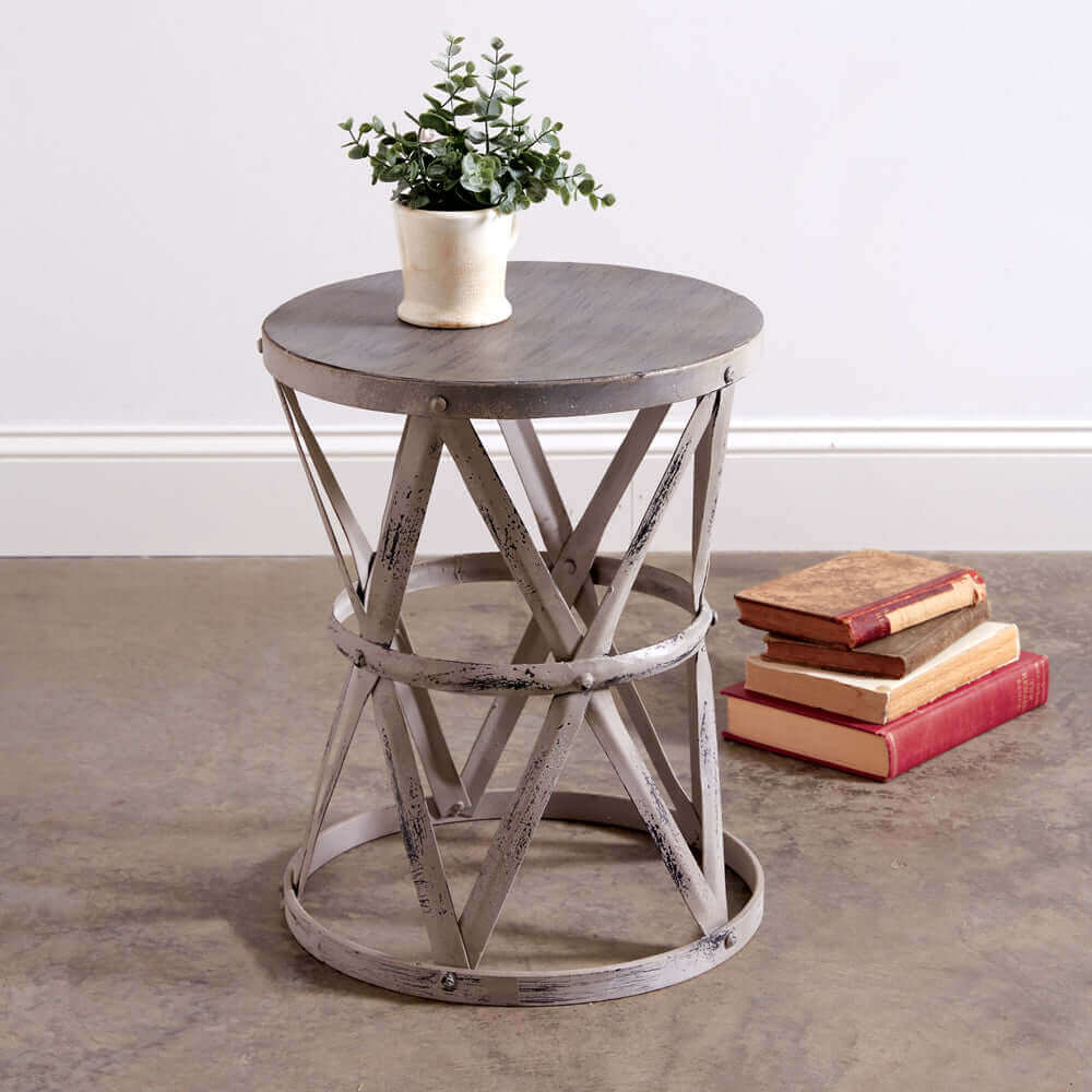 Round Metal Drum Accent Table in Distressed Gray