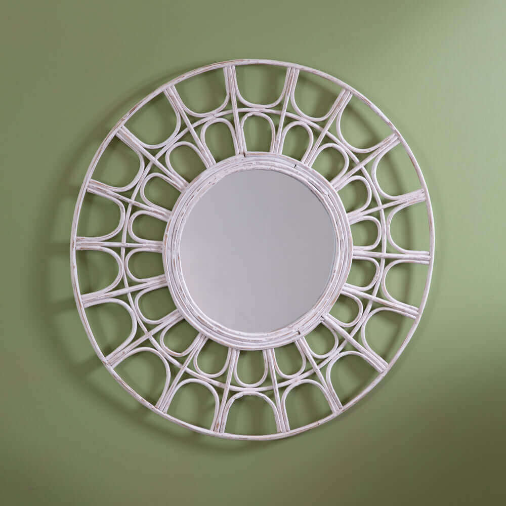 Round Rattan Wall Mirror in White