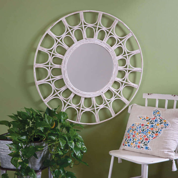 Round Rattan Wall Mirror in White