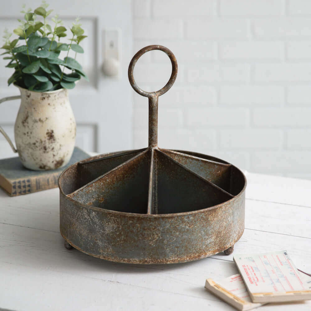 Round Rustic Antique-Inspired Metal Caddy