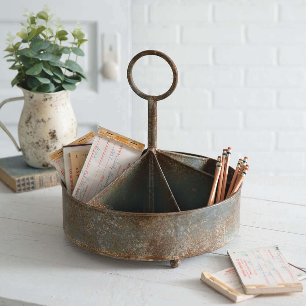 Round Rustic Antique-Inspired Metal Caddy