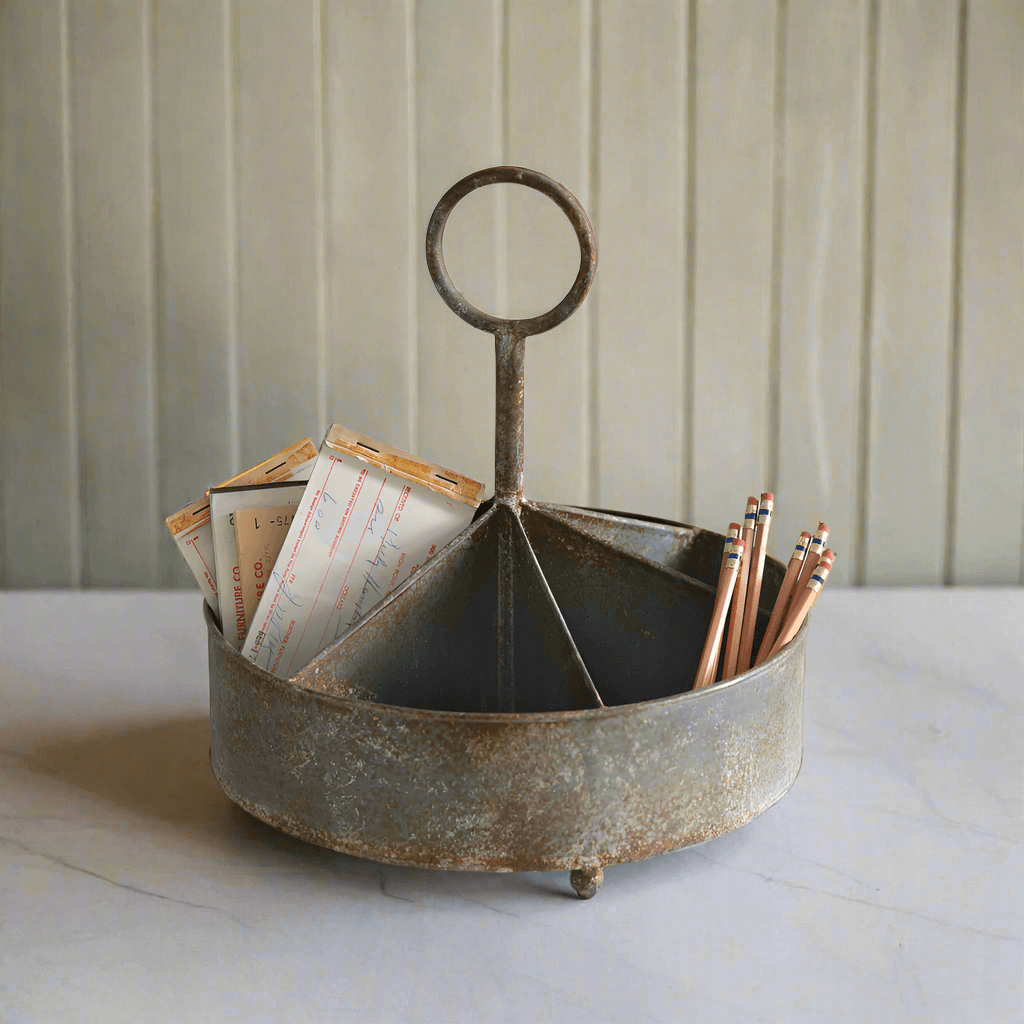 Round Rustic Antique-Inspired Metal Caddy