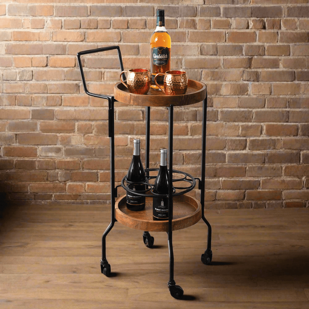 Round Rustic Compact Bar Cart in Wood & Iron