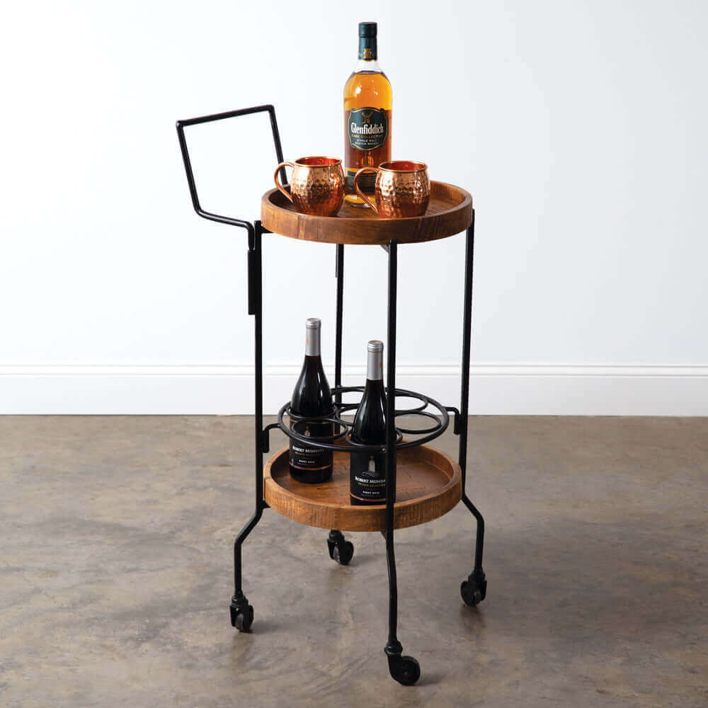 Round Rustic Compact Bar Cart in Wood & Iron