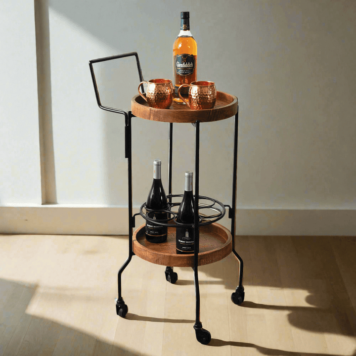 Round Rustic Compact Bar Cart in Wood & Iron