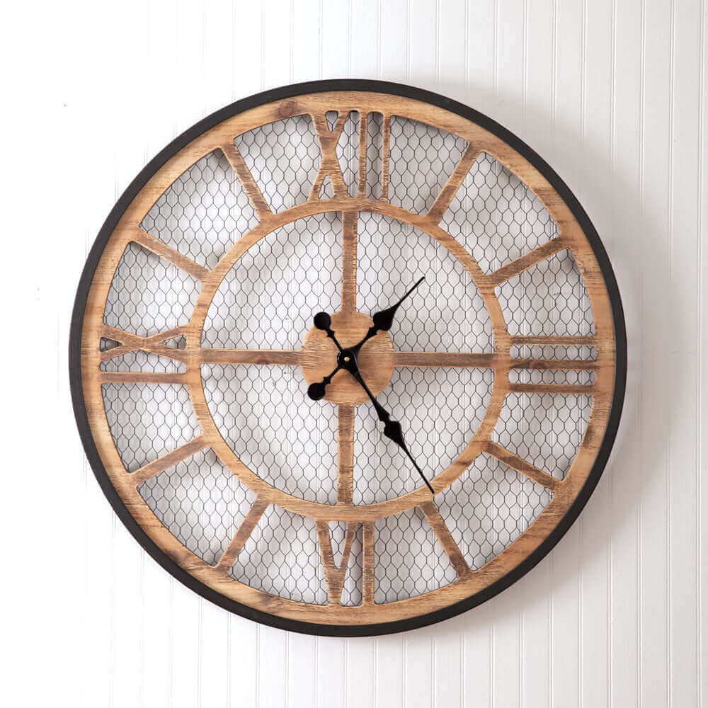 Round Rustic Farmhouse Chicken Wire Wall Clock