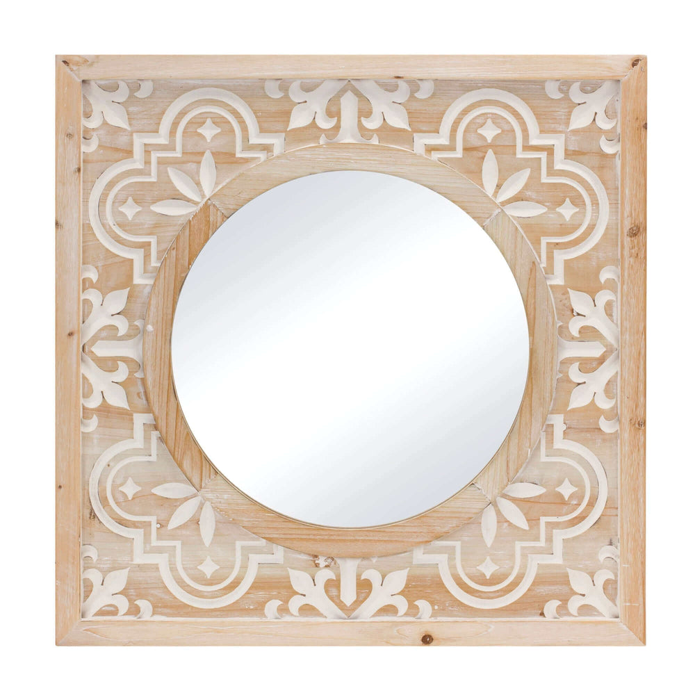 Round Wall Mirror with Carved Wood Frame