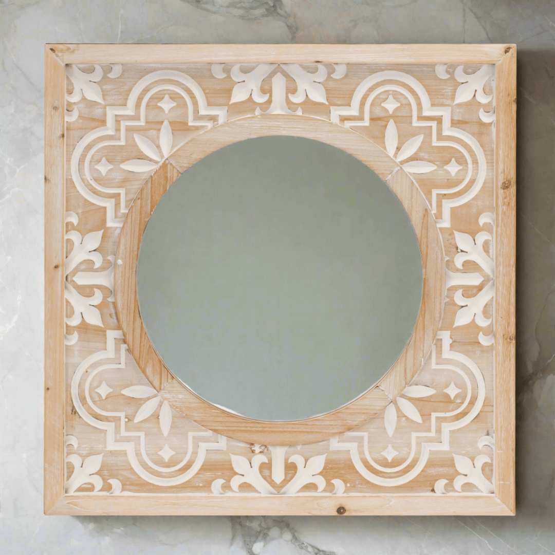 Round Wall Mirror with Carved Wood Frame