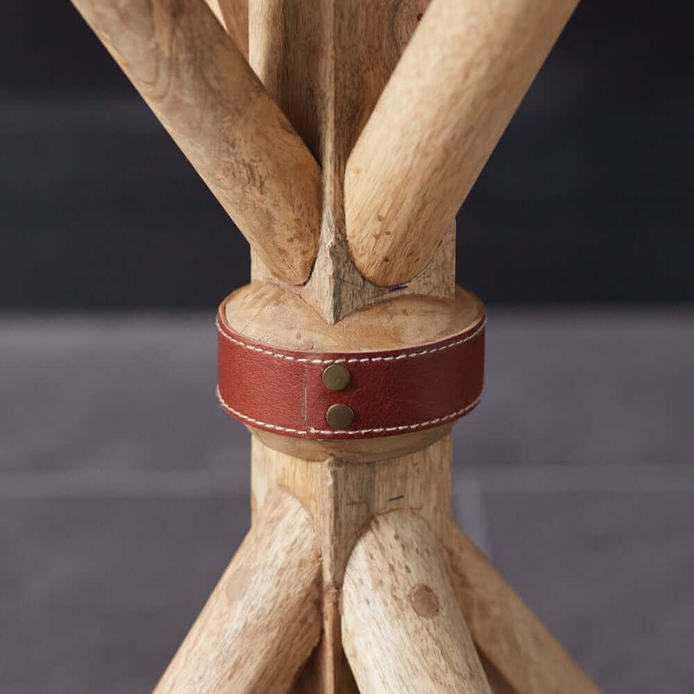 Round Wood End Table with Leather Strap