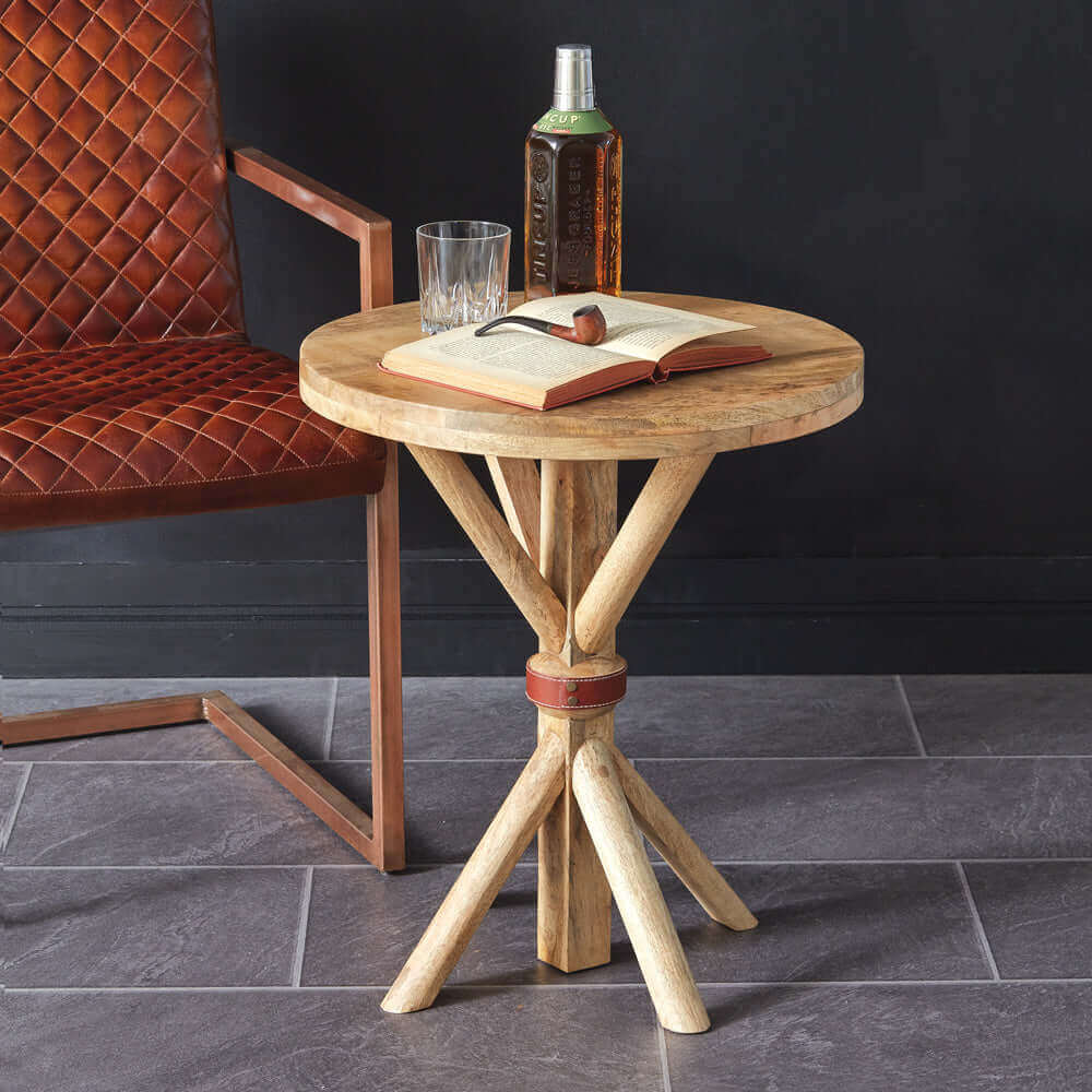 Round Wood End Table with Leather Strap