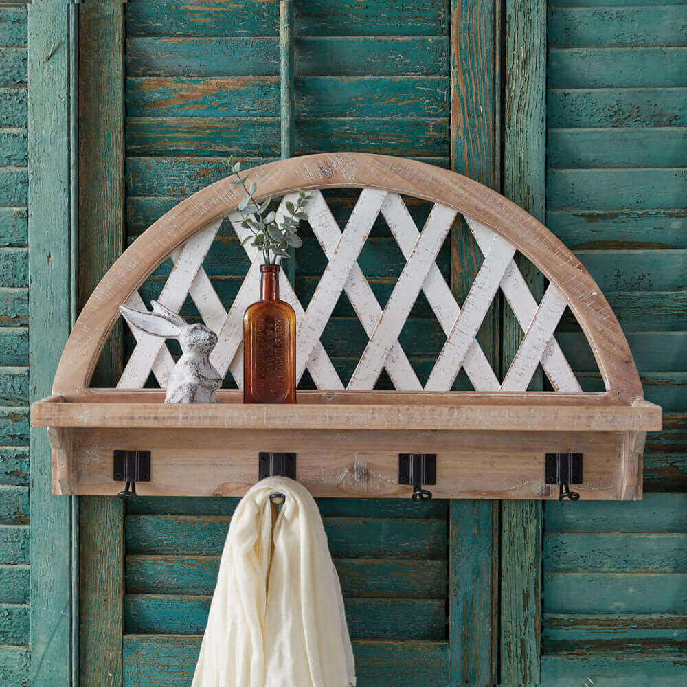 Rustic Arched Lattice Wall Shelf with Hooks