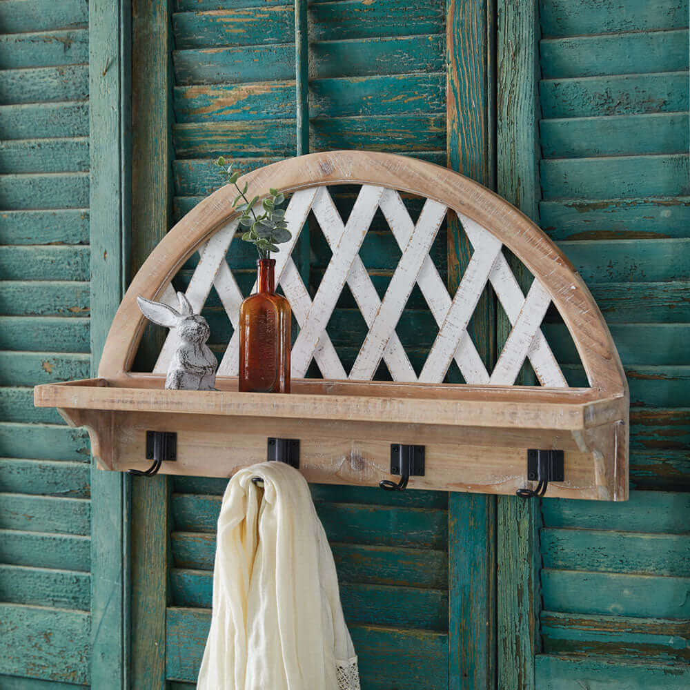 Rustic Arched Lattice Wall Shelf with Hooks