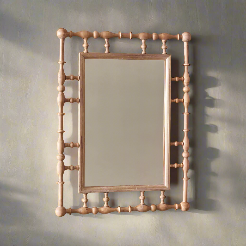 Rustic Country Wall Mirror with Wood Spindle Frame