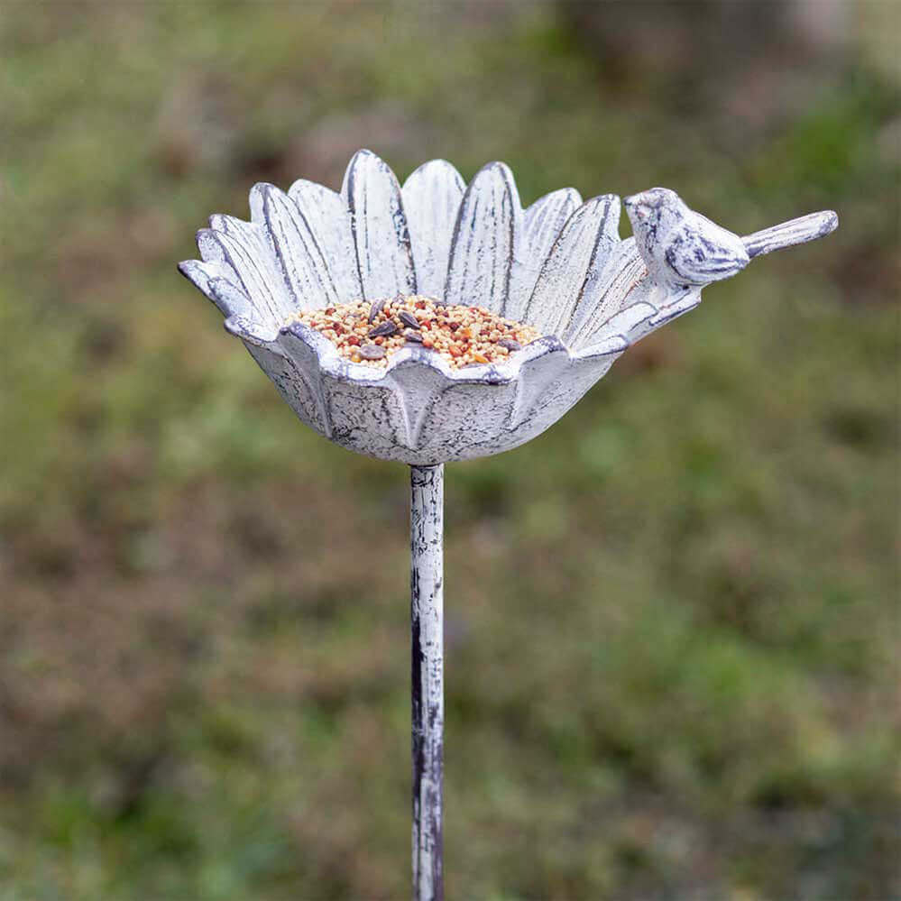 Rustic Daisy Garden Stake Bird Feeder in Cast Iron