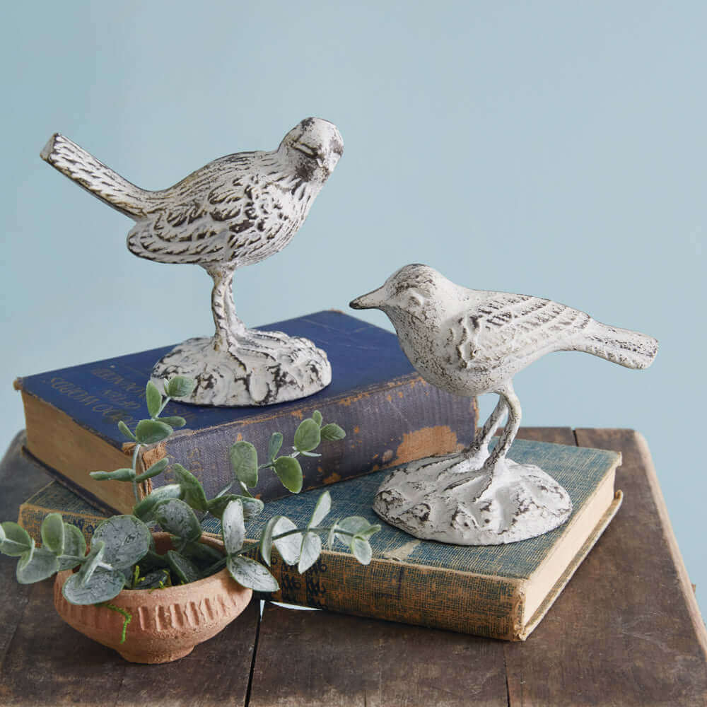 Rustic Farmhouse Bird Figurines in Whitewashed Cast Iron (Set of 2)