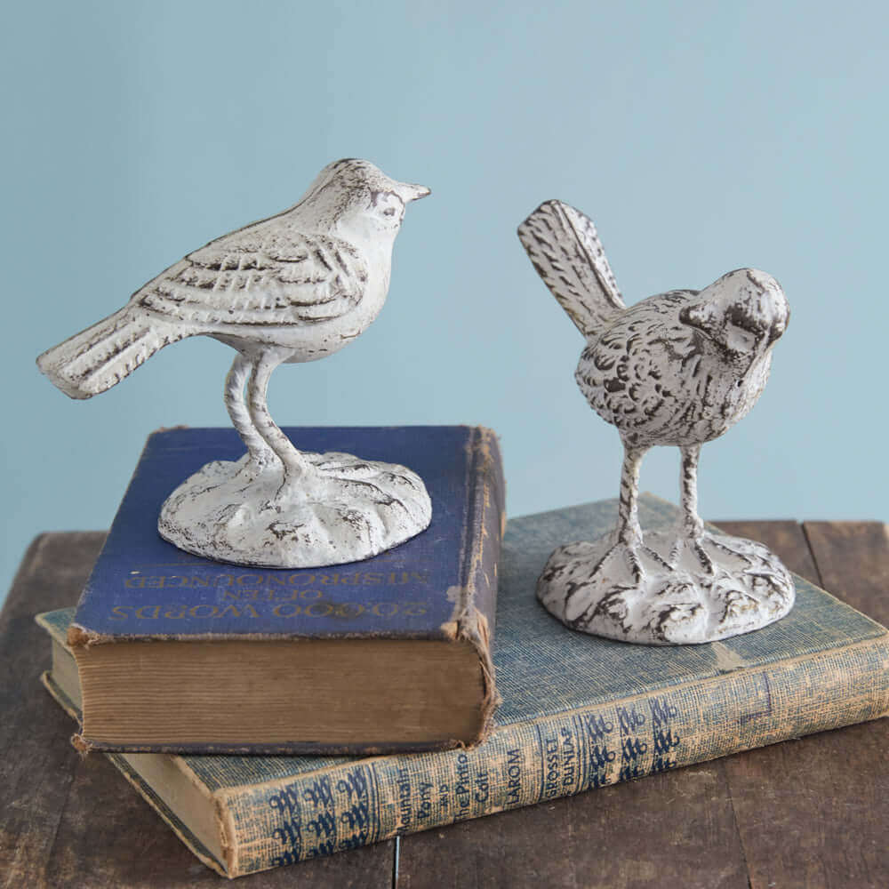 Rustic Farmhouse Bird Figurines in Whitewashed Cast Iron (Set of 2)