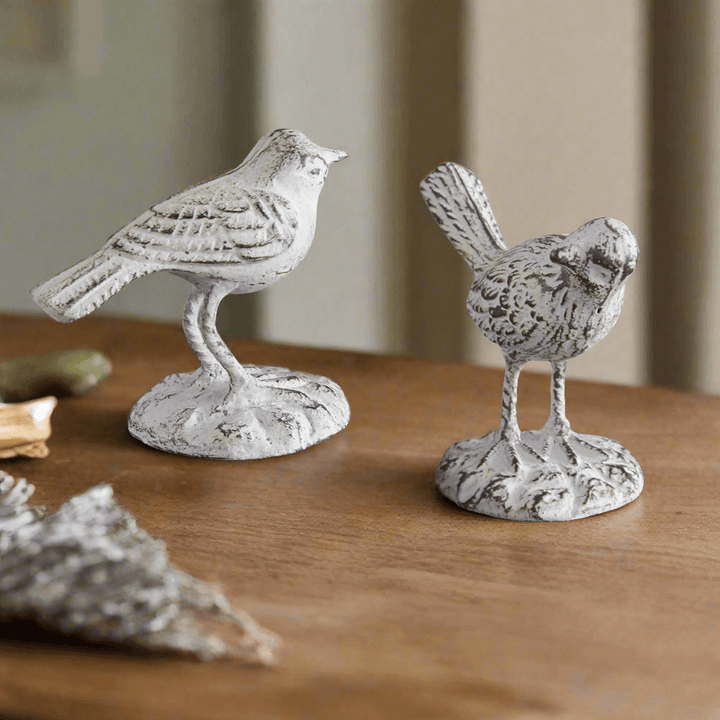 Rustic Farmhouse Bird Figurines in Whitewashed Cast Iron (Set of 2)