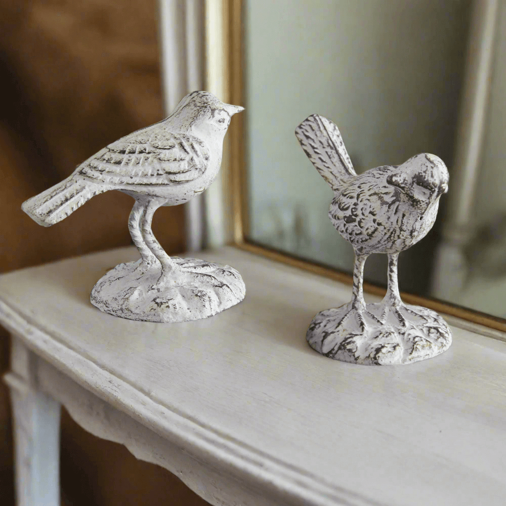 Rustic Farmhouse Bird Figurines in Whitewashed Cast Iron (Set of 2)