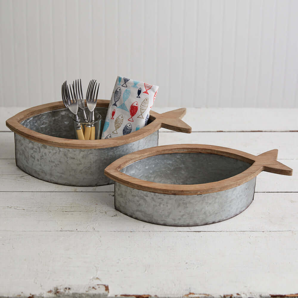 Rustic Fish Shaped Organizers in Galvanized Metal (Set of 2)