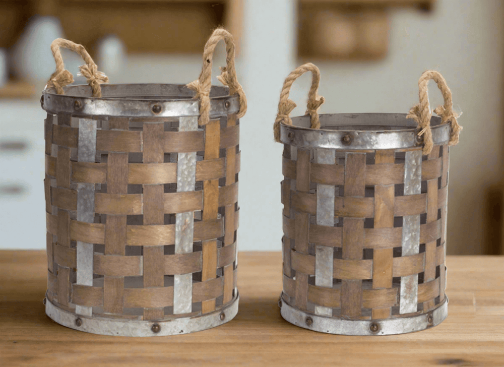 Rustic Lattice Pails with Rope Handles (Set of 2)