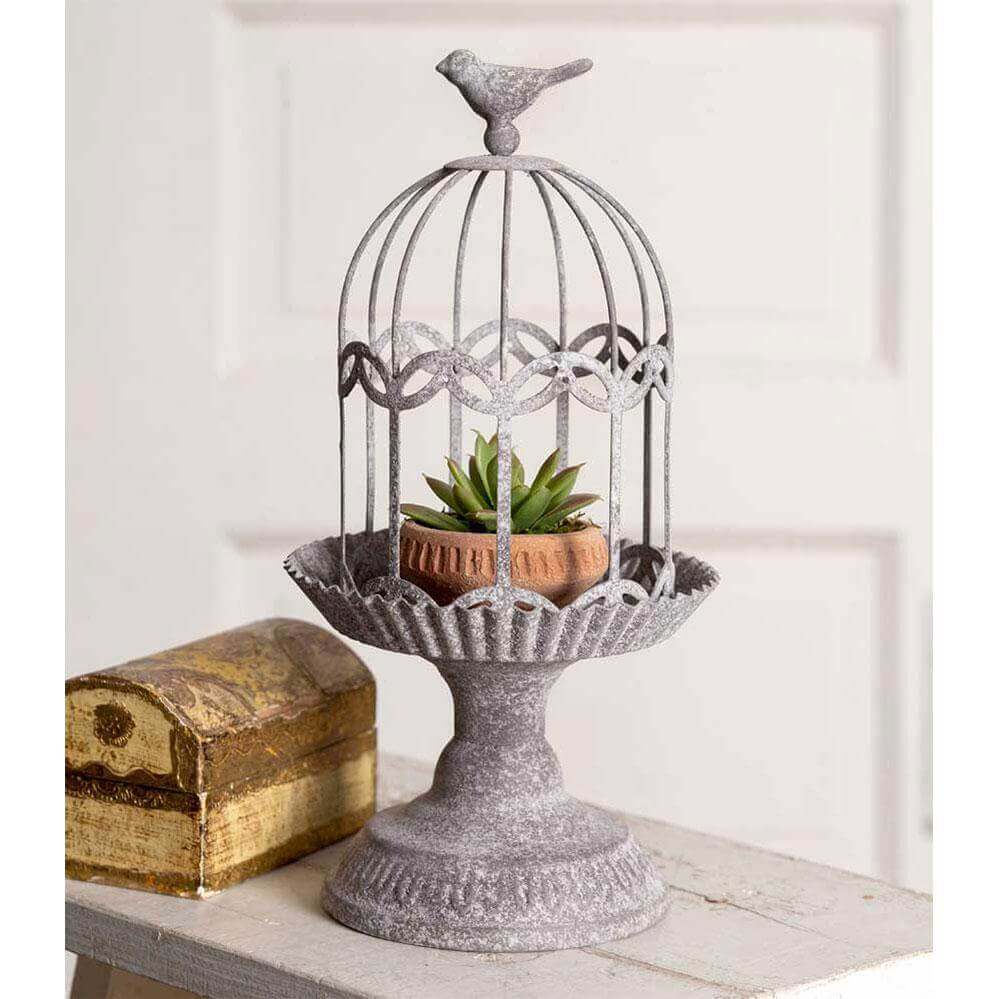 Rustic Metal Bird Cloche & Stand