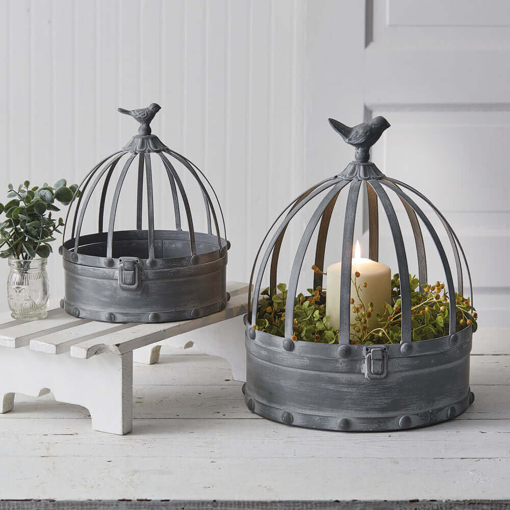 Rustic Metal Cloches with Birds (Set of 2)