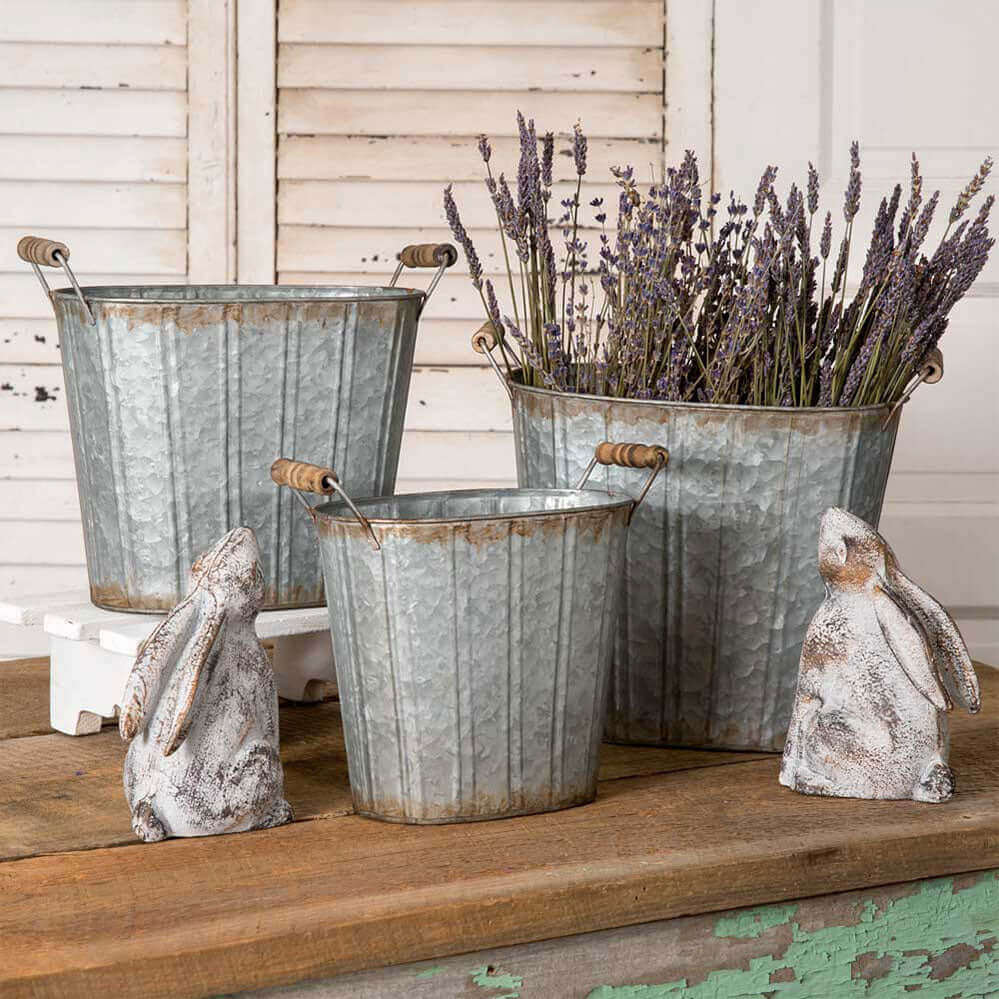 Rustic Metal Farmhouse Buckets with Wood Handles (Set of 3)