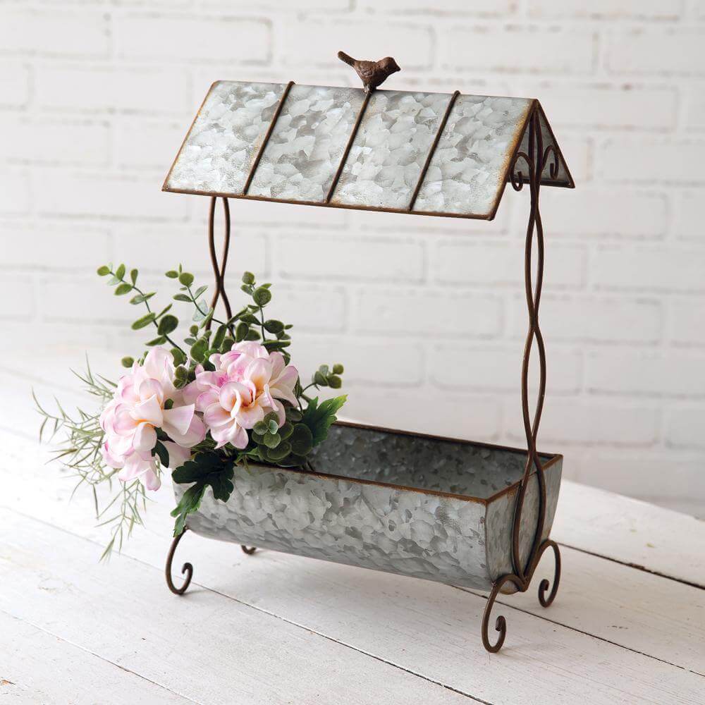 Rustic Metal Garden Planter with Roof