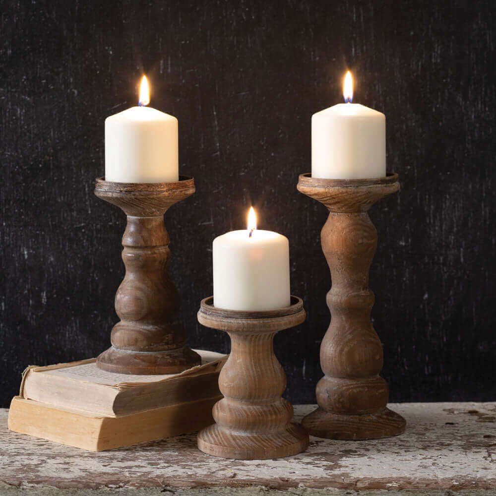 Rustic Pillar Candle Holders in Wood (Set of 3)