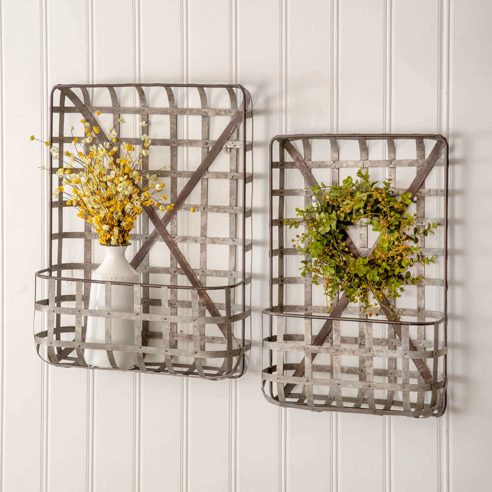 Rustic Tobacco Basket Wall Pockets in Metal (Set of 2)