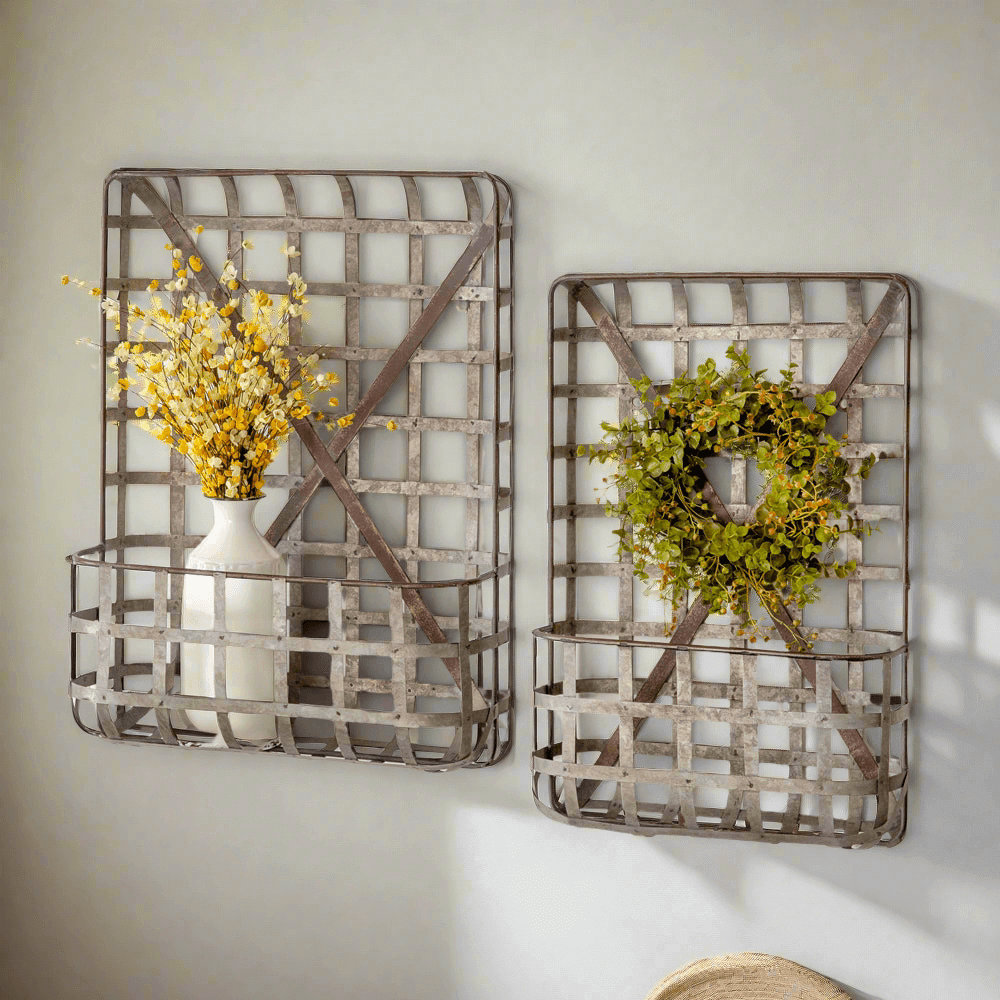 Rustic Tobacco Basket Wall Pockets in Metal (Set of 2)