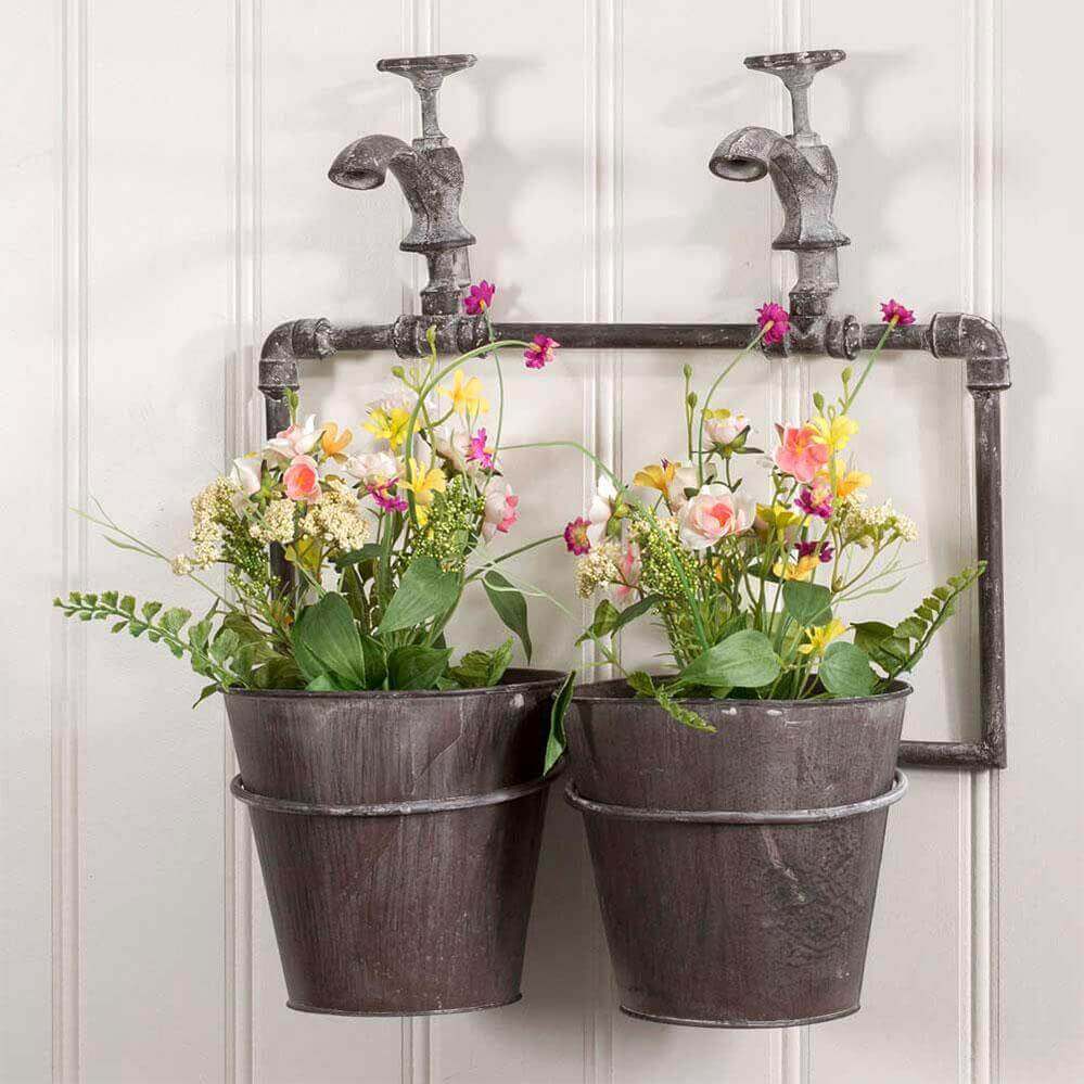 Rustic Wall Planter with Two Pots and Spigots